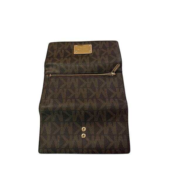 Michael Kors Jet Set Travel Continental Wallet Brown Signature PVC Gold Logo - Picture 3 of 7